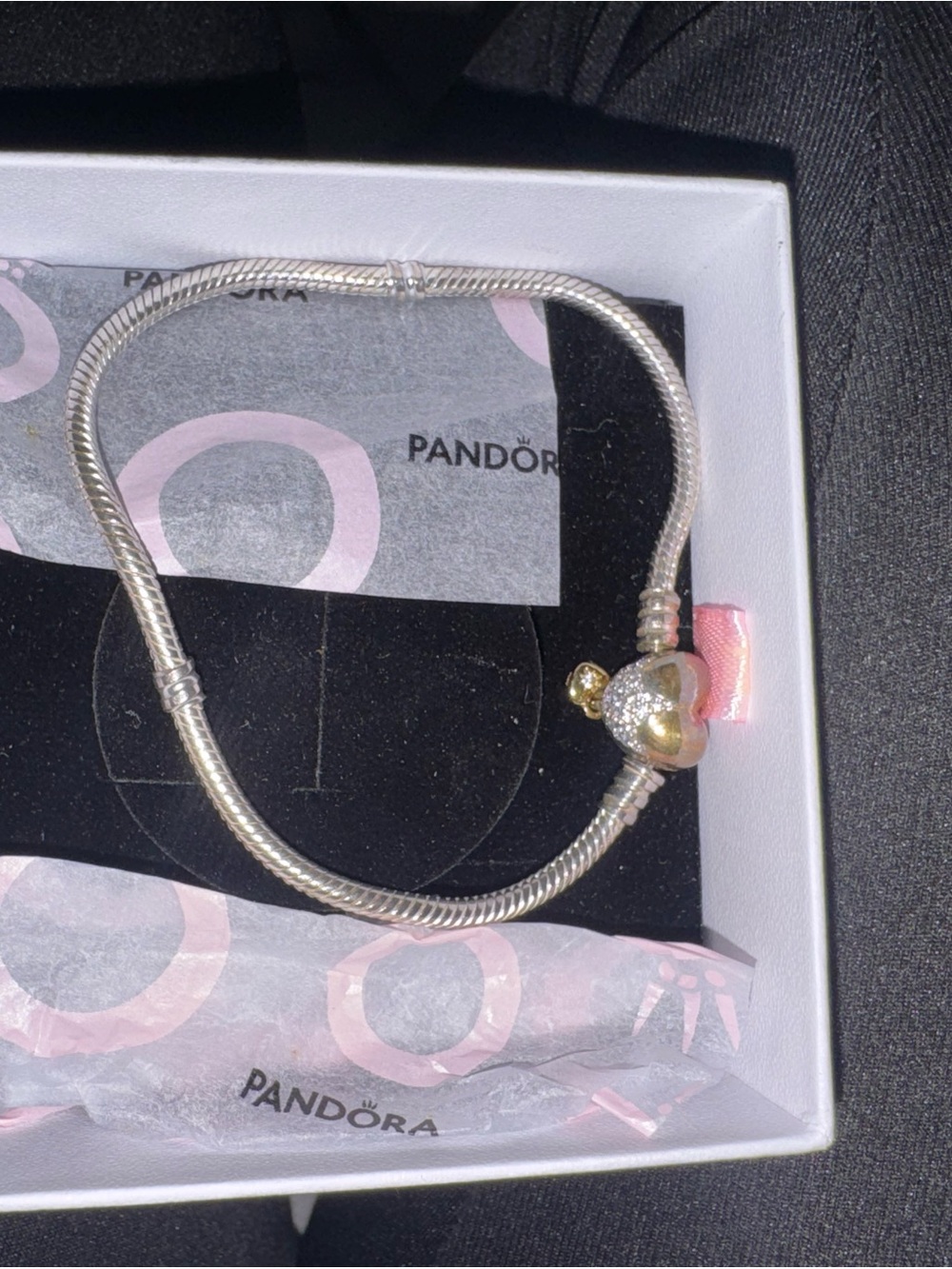 Pandora Silver Snake Chain Bracelet with Gold Heart Charm and Pink Accent